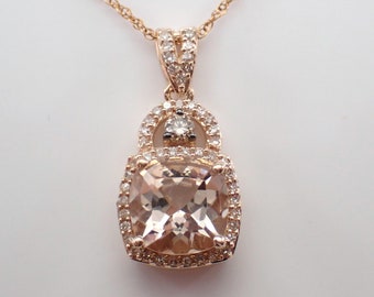 Morganite and Diamond Pendant and Chain - Rose Gold Gemstone Drop Necklace - Unique Birthday Fine Jewelry Gift