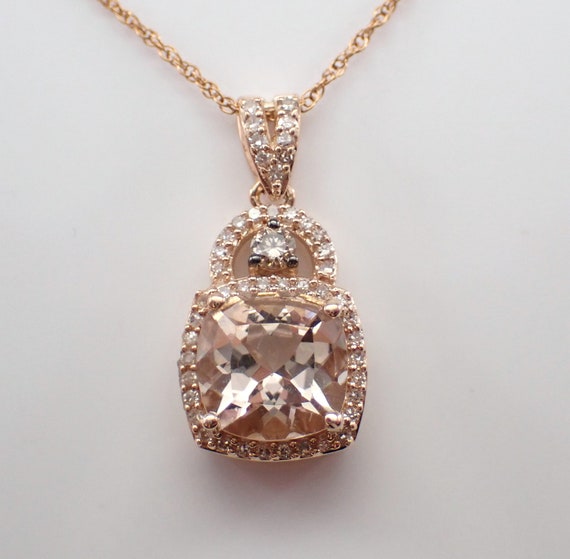 Morganite and Diamond Pendant and Chain - Rose Gold Gemstone Drop Necklace - Unique Birthday Fine Jewelry Gift