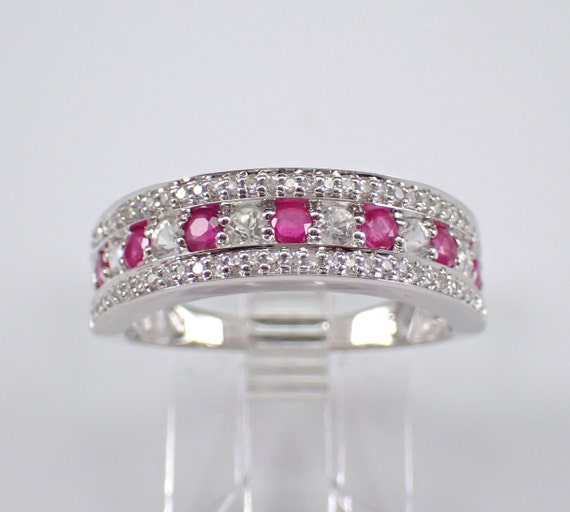 Ruby and Diamond Wedding Ring - 14K White Gold Anniversary Band - July Birthstone Stackable Fine Jewelry