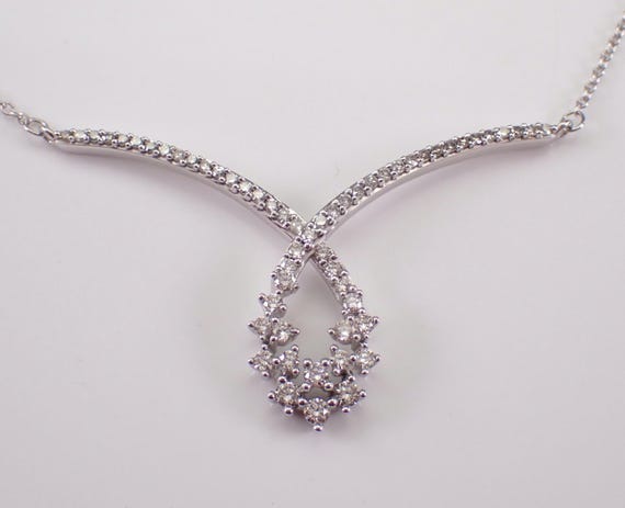 White Gold Diamond Lariat Necklace - Teardrop Station Bar Pendant and Chain - GalaxyGems Fine Jewelry Choker Gift