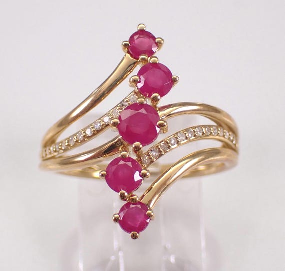 Yellow Gold Ruby and Diamond Ring - Elongated Multi Row Anniversary Band - Unique GalaxyGems Gemstone Jewelry Gift
