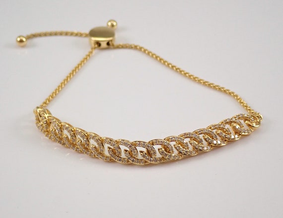 Genuine Diamond Bolo Bracelet - Unique Chainlink ADJUSTABLE Clasp - Solid Yellow Gold Fine Jewelry