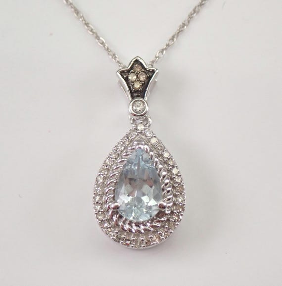 White Gold Aquamarine Charm Necklace, Diamond and Gemstone Teardrop Pendant and Chain, Aqua Birthstone Fine Jewelry Gift
