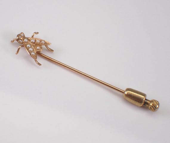 Victorian 14K Yellow Gold Fly Stick Pin - Antique Seed Pearl Brooch - Dainty Bee Bug Insect Lapel Jewelry
