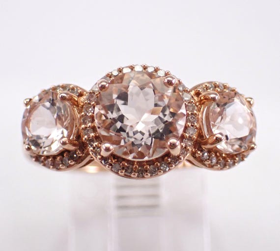 Morganite and Diamond Halo Anniversary Ring, Rose Gold Three Stone Gemstone Band, GalaxyGems Fine Jewelry Gift