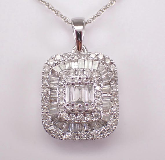 14K White Gold Diamond Pendant and Chain - Rectangular Cluster Halo Charm Necklace - GalaxyGems Bridal Fine Jewelry Gift
