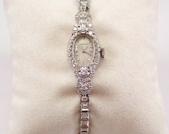 Antique Vintage Art Deco 14K White Gold Diamond WITTNAUER Ladies Tennis Bracelet Watch