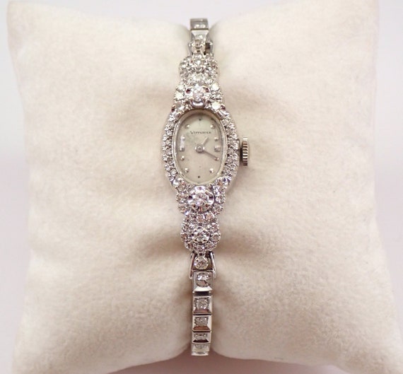Antique Vintage Art Deco 14K White Gold Diamond WITTNAUER Ladies Tennis Bracelet Watch