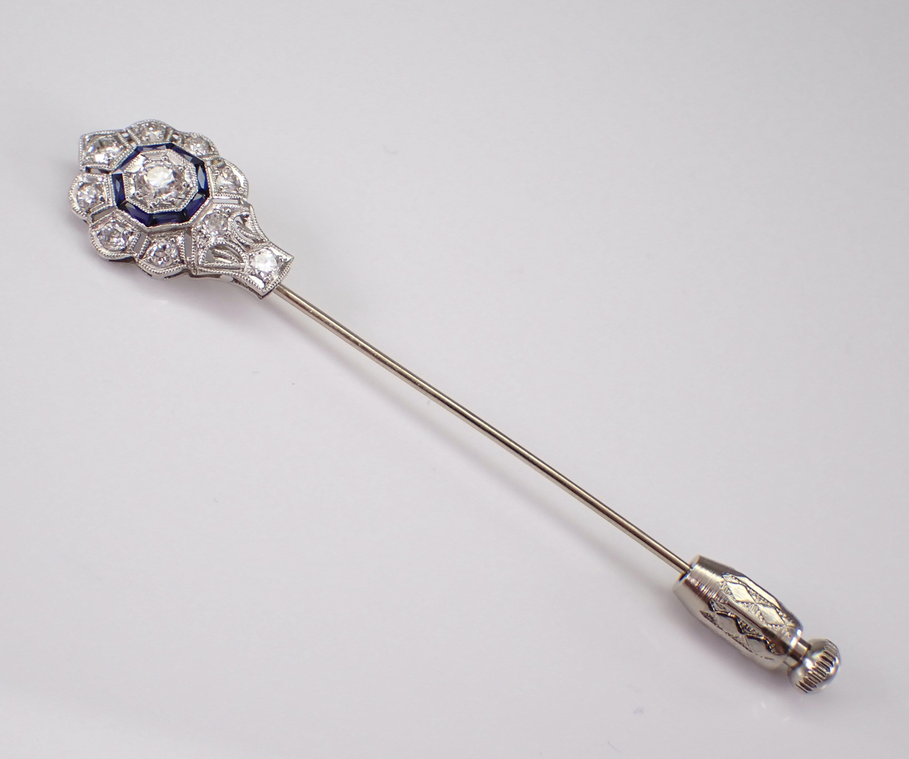 Antique Diamond and Sapphire Stick Pin - Art Deco Platinum