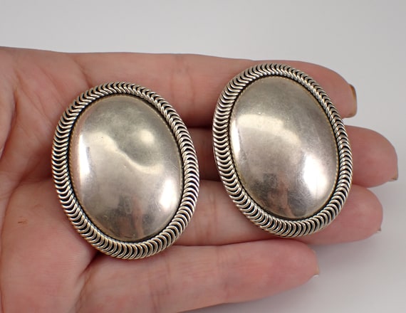 Sterling Silver Vintage Clip On Earrings - Large Chunky Oval Non Pierced Clips