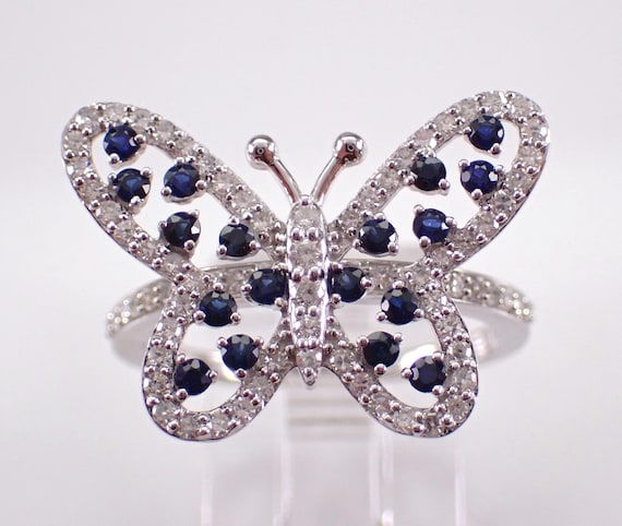 White Gold Sapphire Butterfly Ring - Unique Diamond and Gemstone Cluster Band - GalaxyGems Fine Jewelry Gift