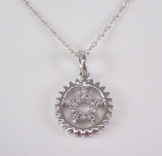 Diamond Circle of Life Pendant Necklace, Solid White Gold Petite Jewelry Gift, Cog Gear Wheel Charm and Chain