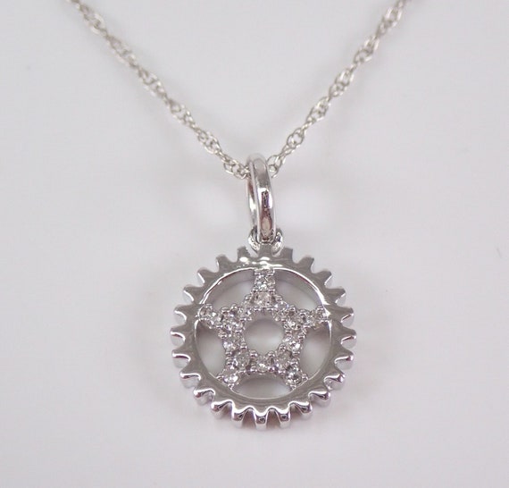 Diamond Circle of Life Pendant Necklace, Solid White Gold Petite Jewelry Gift, Cog Gear Wheel Charm and Chain