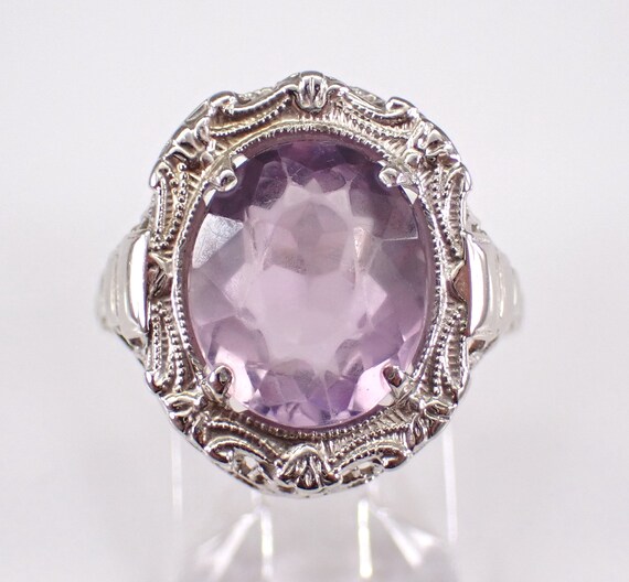 Antique 14K White Gold Amethyst Ring - Art Deco Solitaire Engagement Setting - 20s Filigree Bridal Jewelry Gift