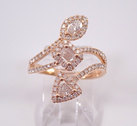 18K Rose Gold Diamond Cocktail Ring- Unique Three Stone Fancy Fine Jewelry - Trillion Emerald Cut Marquise Design