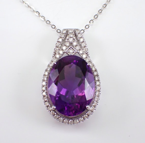 14K White Gold Amethyst and Diamond Necklace - Large Gemstone Halo Pendant Slide - February Birthstone Jewelry Gift