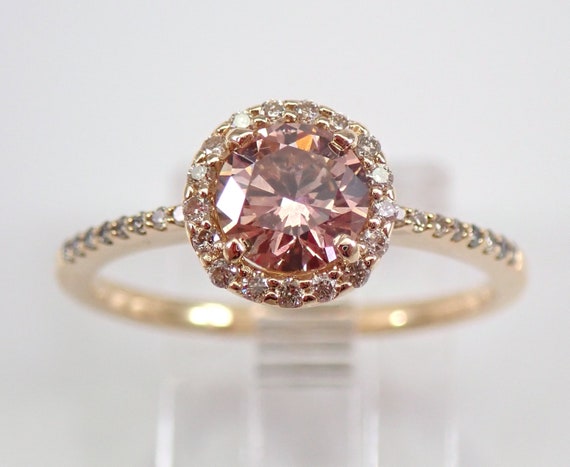 14K Yellow Gold Fancy Pink Round Brilliant Diamond Halo Engagement Ring Size 6 1/2