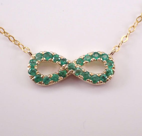 Yellow Gold Emerald Infinity Sign Pendant, Dainty Gemstone Station Necklace and Chain