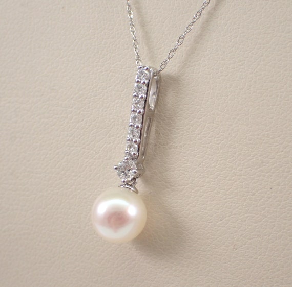Pearl and Diamond Drop Pendant - 14K White Gold Choker Necklace - 18 inch Thin Chain - June Birthstone Jewelry Gift