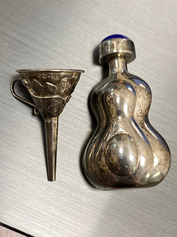 Sterling Silver Perfume Bottle - Vintage Enamel Top and Funnel - Antique Fragrance Dispenser