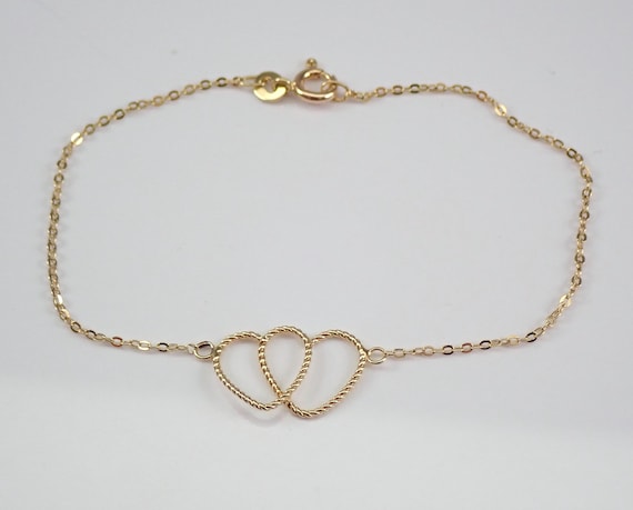 Vintage 14K Yellow Gold Heart Bracelet - Dainty Charm Station Link - Simple Layering Everyday Jewelry Gift