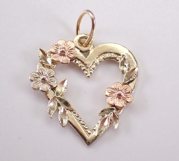 Vintage 14K Yellow Gold Heart Charm Pendant, Two Tone Rose Flower Drop, Estate Jewelry for Bracelet or Necklace