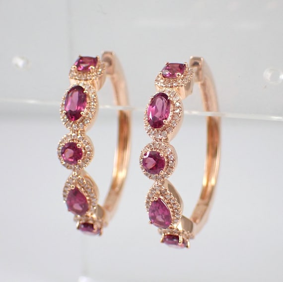 Garnet and Diamond Hoop Earrings - Large Rose Gold Gemstone Huggies - January Birthstone Fine Jewelry Gift