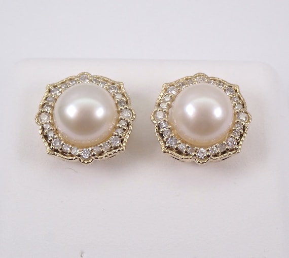 Pearl and Diamond Halo Stud Earrings - Yellow Gold June Birthstone Wedding Studs - Dainty Fine Jewelry Gift