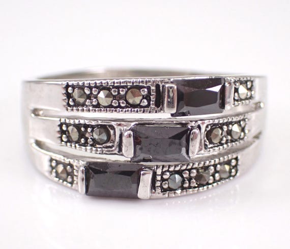 Vintage Sterling Silver Onyx and Marcasite Ring - Unique Multi Row Stackable Band - Estate Gemstone Jewelry Gift