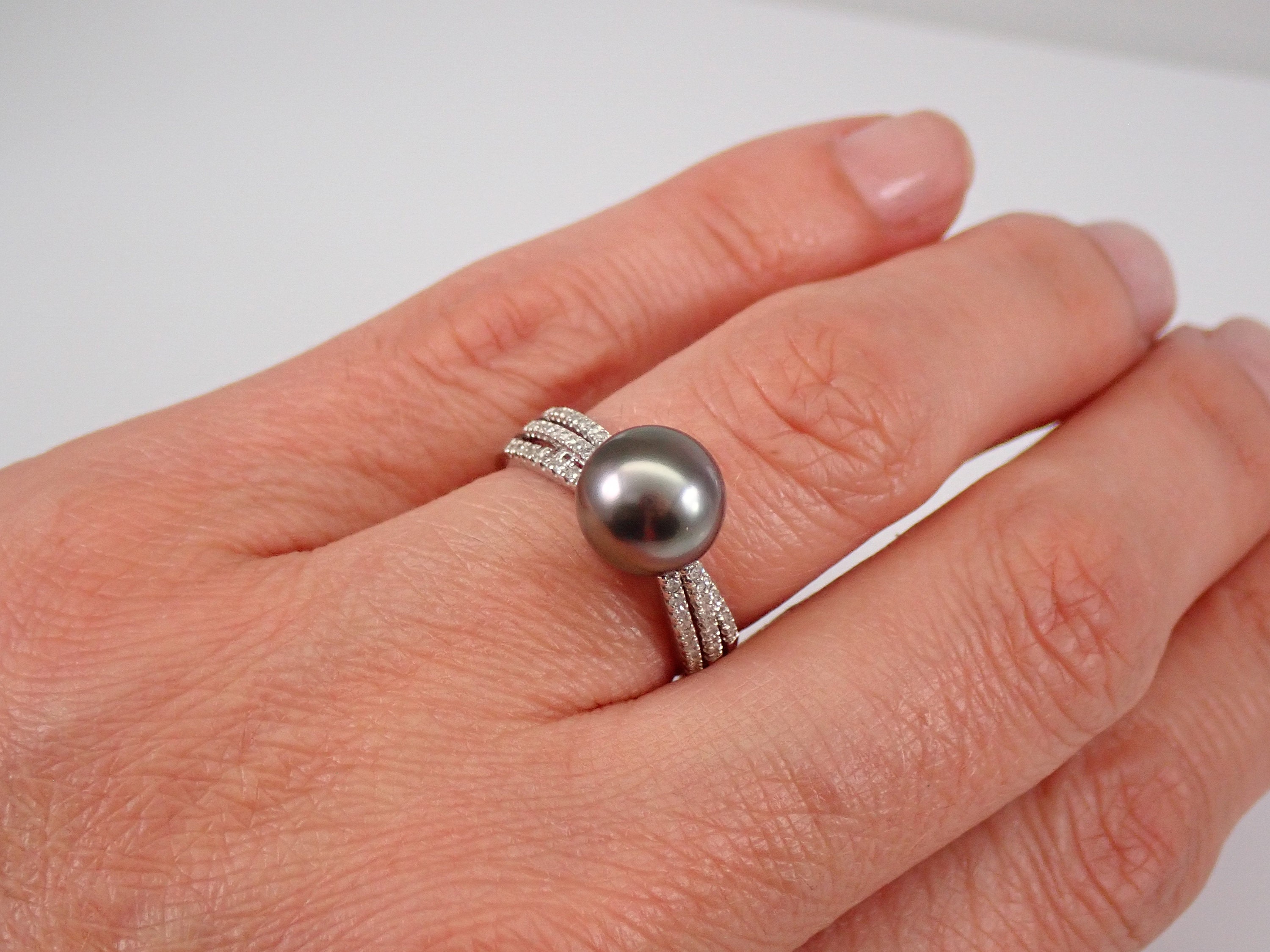 Black Pearl and Diamond Engagement Ring, Solid 14K White Gold June