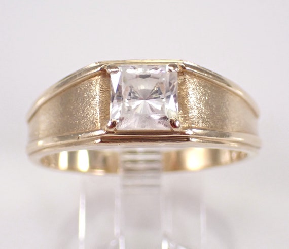 Vintage Yellow Gold Mens Solitaire Ring - Princess Cut CZ Engagement Promise Band - Unique Wedding Anniversary Gift for Him