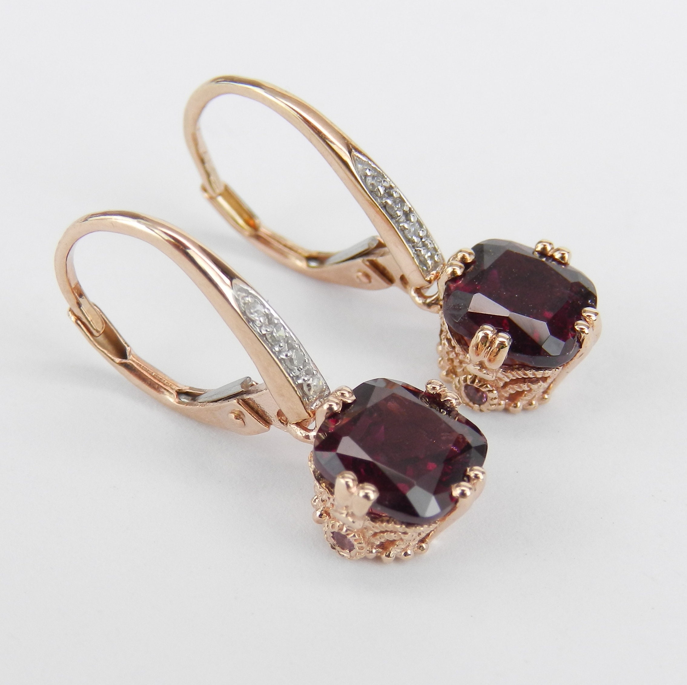 Rose Gold Cushion Cut Rhodolite and Diamond Dangle Earrings