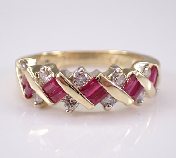 14k Yellow Gold Ruby and Diamond Ring - Stacking Wedding Anniversary Band - July Birthstone Jewelry Gift