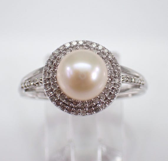Pearl Engagement Ring - Genuine Diamond Halo Setting - Solid White Gold Band - June Birthstone Jewelry Gift