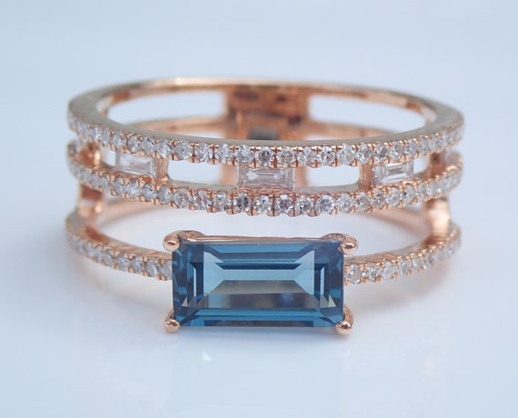 London Blue Topaz and Diamond Ring - Rose Gold Multi Row Stackable Band - Unique Gemstone Jewelry Gift