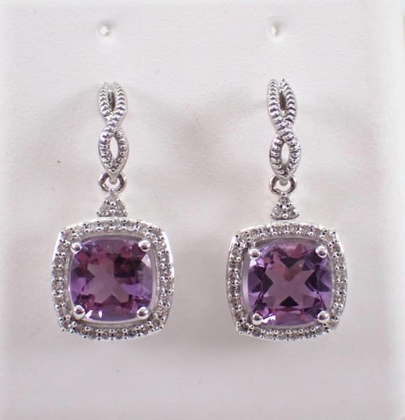 Amethyst and Diamond Earrings - White Gold Cushion Cut Halo Dangle - Gemstone Fine Jewelry Gift