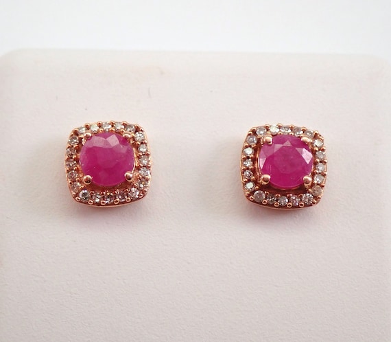Ruby and Diamond Halo Stud Earrings - Rose Gold Dainty Studs - GalaxyGems Gemstone Jewelry Gift