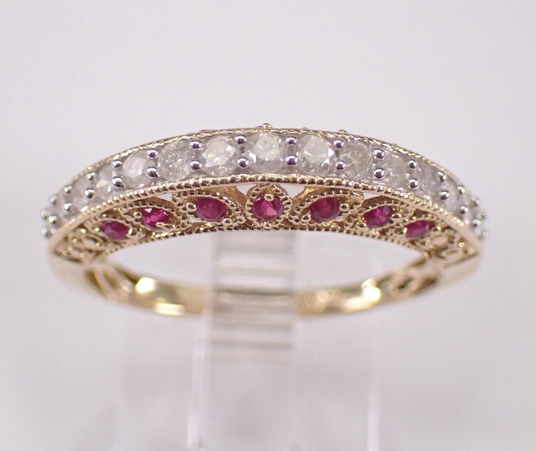 Estate Ruby and Diamond Wedding Ring - 14K Yellow Gold Stackable ...