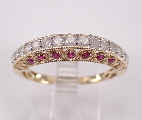 Estate Ruby and Diamond Wedding Ring - 14K Yellow Gold Stackable Anniversary Band