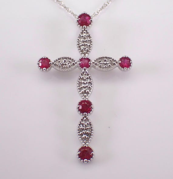 Ruby and Diamond Cross Pendant and Chain - White Gold Religious Charm Necklace - Gemstone Fine Jewelry Gift