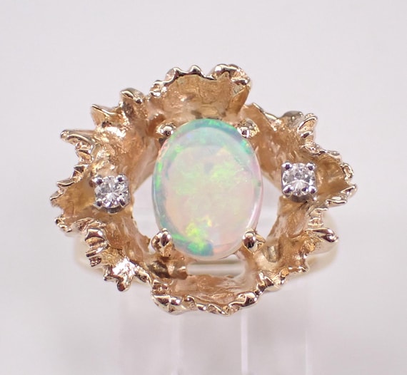 Vintage 14K Yellow Gold Opal and Diamond Ring: GalaxyGems Estate Fine Jewelry