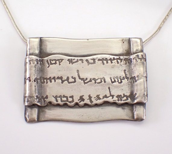 Vintage Sterling Silver Choker Necklace - Unique Hebrew Scroll Pendant - Genuine Artisan Estate Jewelry Gift