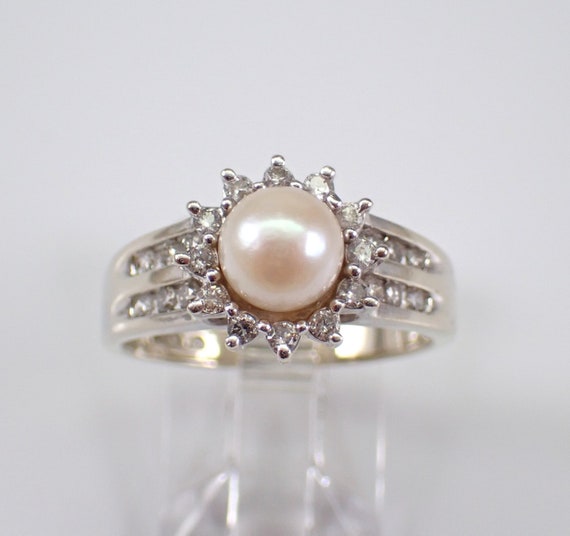 Vintage Pearl and Diamond Ring - 14K White Gold Halo Engagement Setting - June Birthstone Jewelry Gift