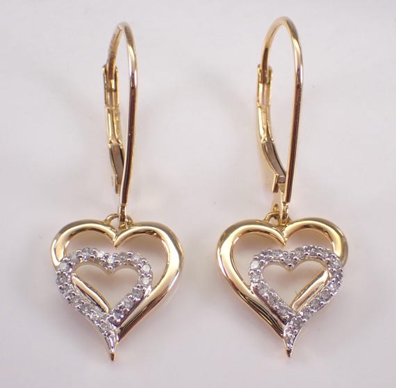 Diamond Dangle Heart Earrings: Solid Yellow Gold Charm Drop