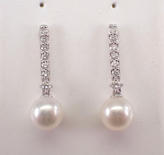 Pearl and Diamond Dangle Earrings - 14K White Gold Fine Jewelry Wedding Gift - June Birthstone Gemstone
