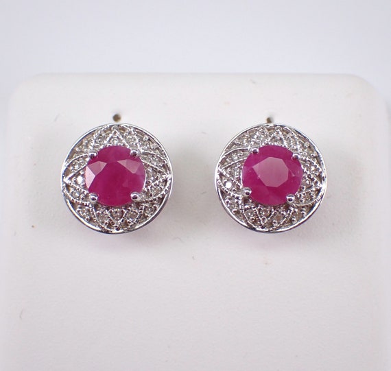 Genuine Ruby and Diamond Stud Earrings - 14K White Gold Vintage Style Halo Setting - July Birthstone Fine Jewelry Gift for Her