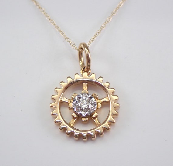 Diamond Circle of Life Pendant Necklace, Solid Yellow Gold Solitaire Jewelry Gift, Cog Gear Wheel Charm and Chain