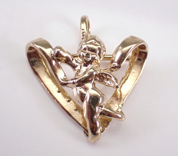 Vintage Yellow Gold Angel Charm - Heart Shaped Pendant for Necklace or Bracelet - Unique Fine Jewelry Gift