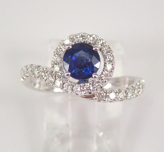 18K White Gold Sapphire Engagement Ring - Unique Modern Diamond Halo Setting - Bridal Promise Fine Jewelry Gift
