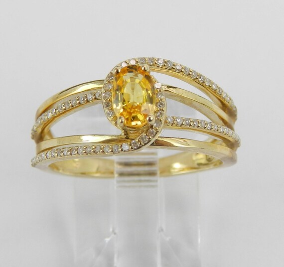 Genuine Yellow Sapphire Engagement Ring - Yellow Gold Diamond Bridal Setting - Multi Row Crossover Stacking Design